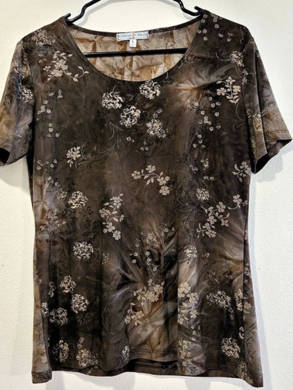 Vintage Suzie Floral Short Sleeve Top in Brown Large Like New
